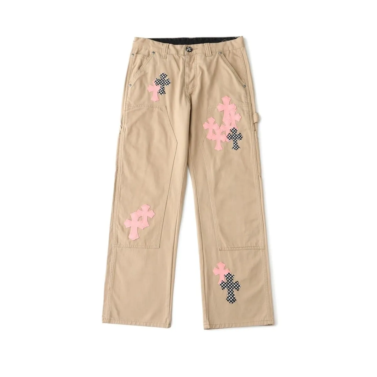 P270 💰 (Top version) Chrome Hearts cherry blossom pink leather logging spliced ​​washed jeans, truly restores the ultimate vintage texture, three-dimensional version, loose and comfortable, not picky about the figure, taller and slimmer, factory precision, original quality control, same style for men and women, can be matched with couples, versatile recommendation, must-have jeans for all seasons, fashionable people have been disappointed. From the quality selection of fabrics, the tailoring of details, and the matching of patterns, they are all impeccable! The upper body is so handsome when worn...it can be easily worn by men, women and children! The craftsmanship is made of heavy-duty washed pure cotton denim fabric. After washing, it is soft and thick and looks very stylish when worn. Color: Khaki Size: 28-30-32-34 (corresponds to S-M-L-XL)